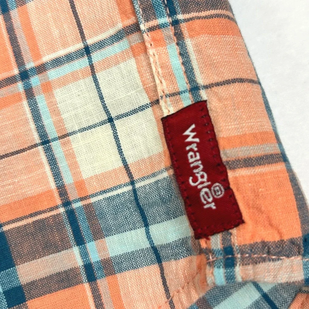 NWT Wrangler Boys Plaid Button Down Shirt Orange Blue Short Sleeve‎ Size 6
